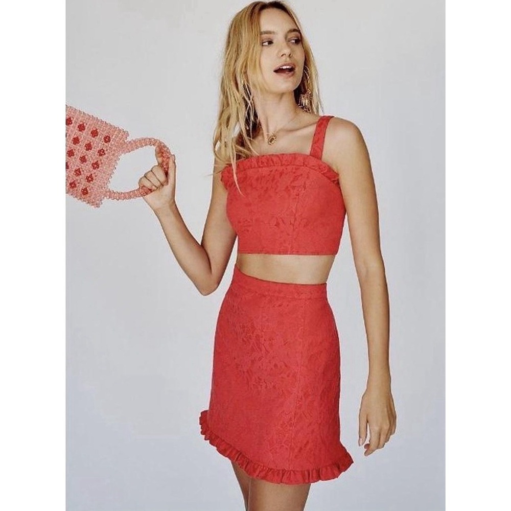 Free People Fiona Jacquard Crop Top & Mini Skirt Set sz 4 Red Valentine’s Day